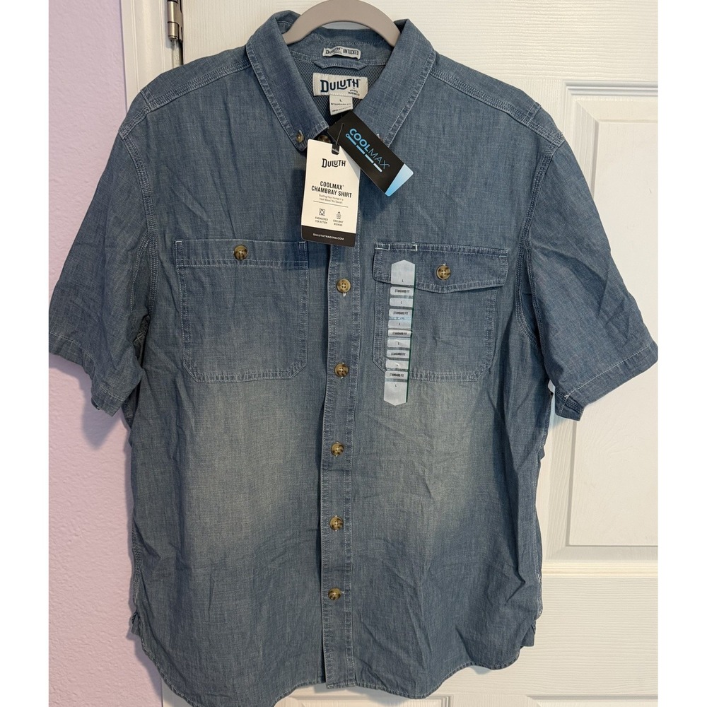 Duluth NWT‎ Coolmax Chambray Shirt Mens L Standard Fit Cotton Dad Vented Wicking
